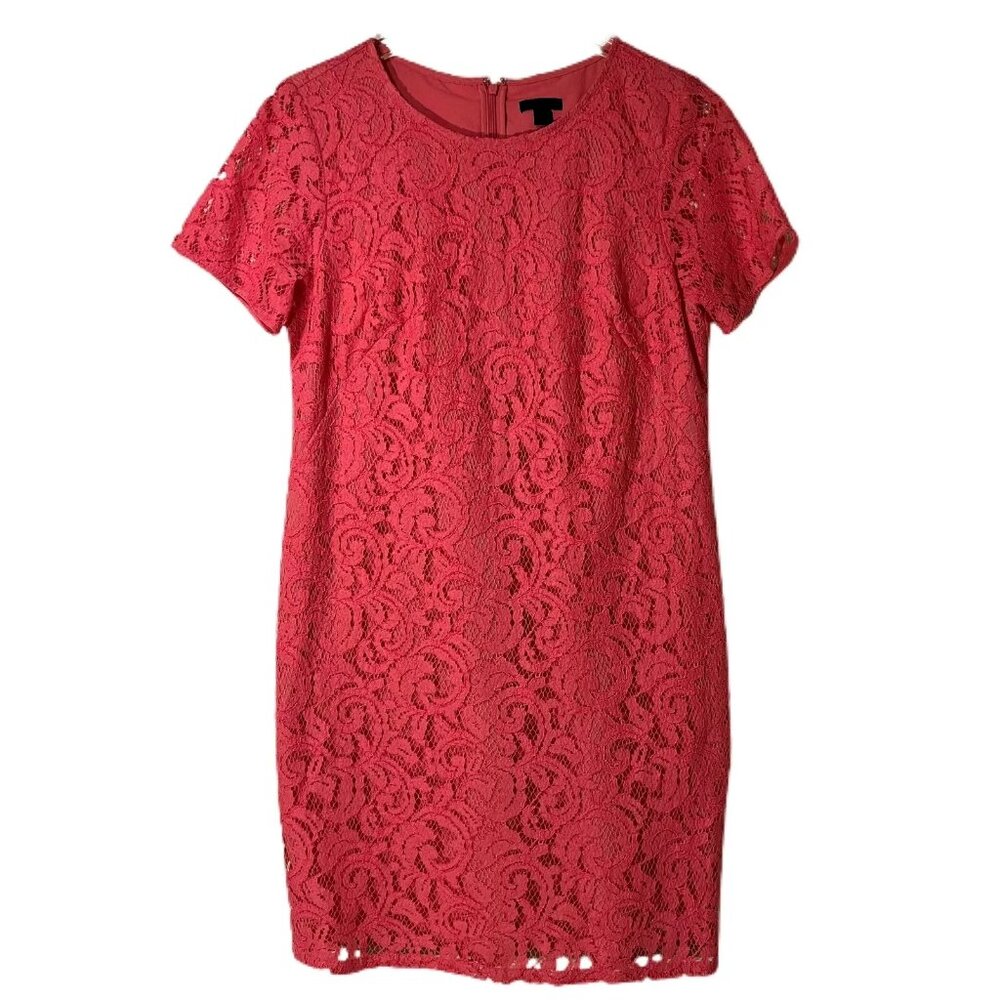 Ann Taylor Coral Lace Overlay Sheath Dress Short Sleeve Knee Length Women size 8